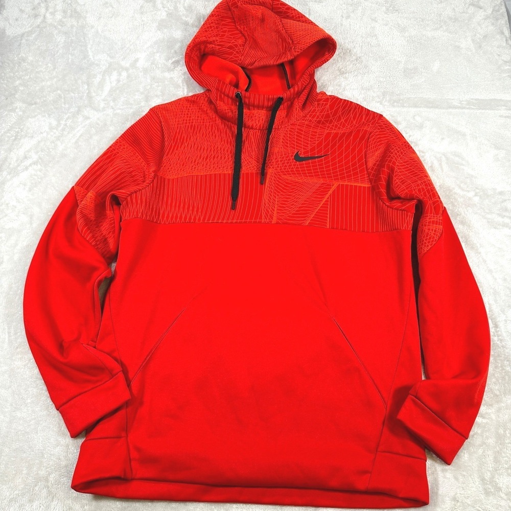 Nike Dri-Fit Therma Mens Med Training Hoodie Red Geometric Graphic Pullover